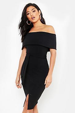 Boohoo Off The Shoulder Fold Over Split Midi Bodycon Dress