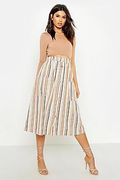 Boohoo Linen Tonal Stripe Button Front Midi Skirt