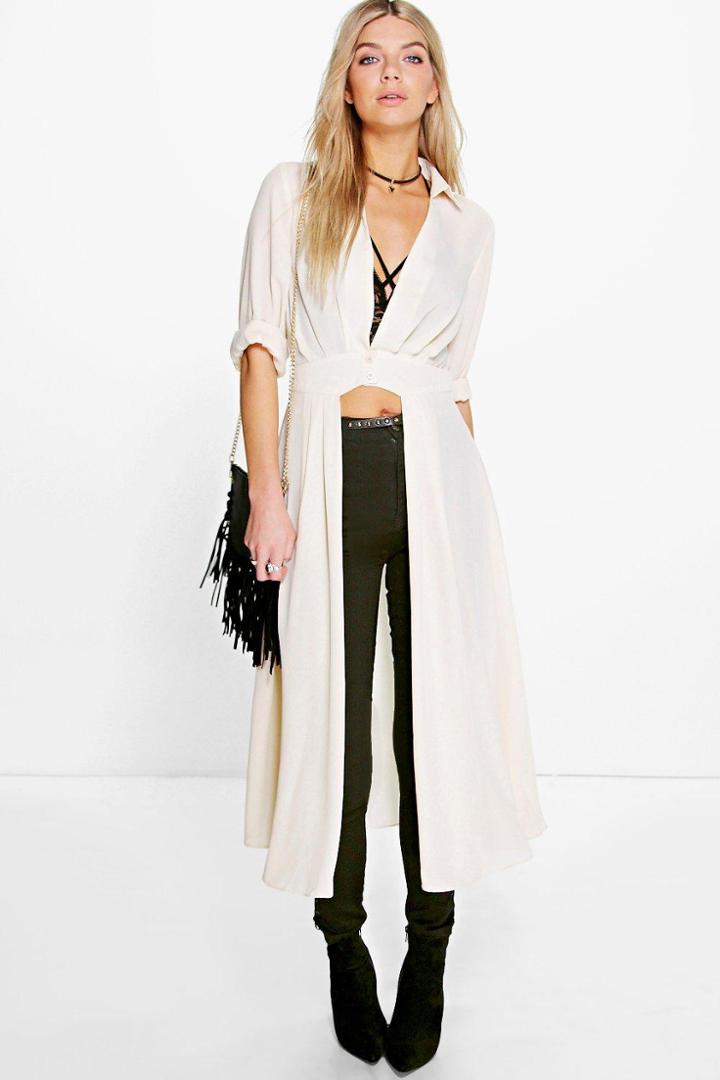 Boohoo Shirley Plunge Neck Split Maxi Shirt Cream