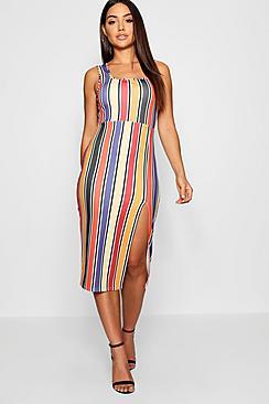 Boohoo Square Neck Fitted Stripe Midi Dress