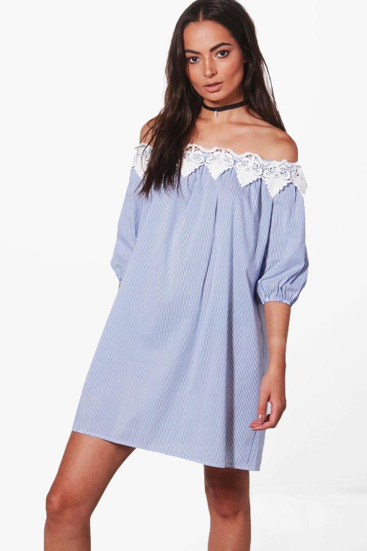Boohoo Shayla Stripe Off Shoulder Lace Dress Blue