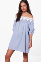 Boohoo Shayla Stripe Off Shoulder Lace Dress Blue