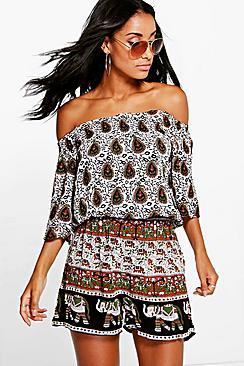 Boohoo Olivia Off The Shoulder Elephant Print Playsuit