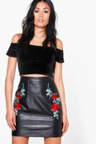 Boohoo Elle Embroidered A Line Leather Look Mini Skirt Black