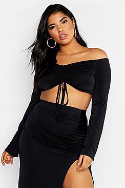 Boohoo Plus Slinky Off Shoulder Ruched Top