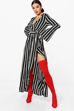 Boohoo June Wide Sleeve Wrap Front Tie Stripe Maxi Dress