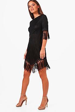 Boohoo Petite Izzy Lace Tassel Trim Skater Dress