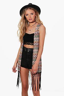Boohoo Rosie Sleeveless Zig Zag Kimono With Tassles