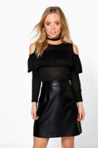 Boohoo Petite Sophie Cold Shoulder Frill Knitted Top Black