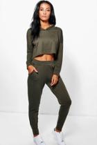 Boohoo Mollie Dip Hem Hooded Jogger Lounge Set Khaki