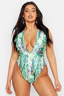 Boohoo Plus Neon Snake Plunge Swimsuit