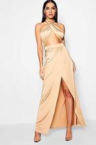 Boohoo Slinky Wrap Top Thigh Split Maxi Dress
