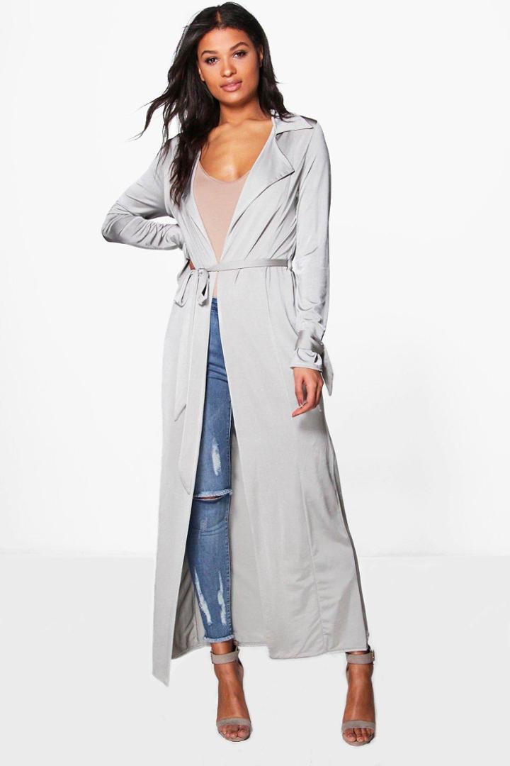 Boohoo Emma Tie Cuff Slinky Maxi Trench Silver