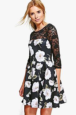 Boohoo Oana Dark Floral Lace Contrast Skater Dress