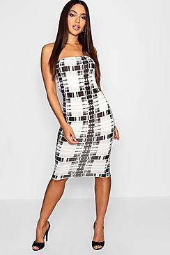 Boohoo Mono Check Bandeau Midi Bodycon Dress