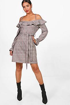 Boohoo Elise Ruffle Detail Tie Waist Check Shift Dress