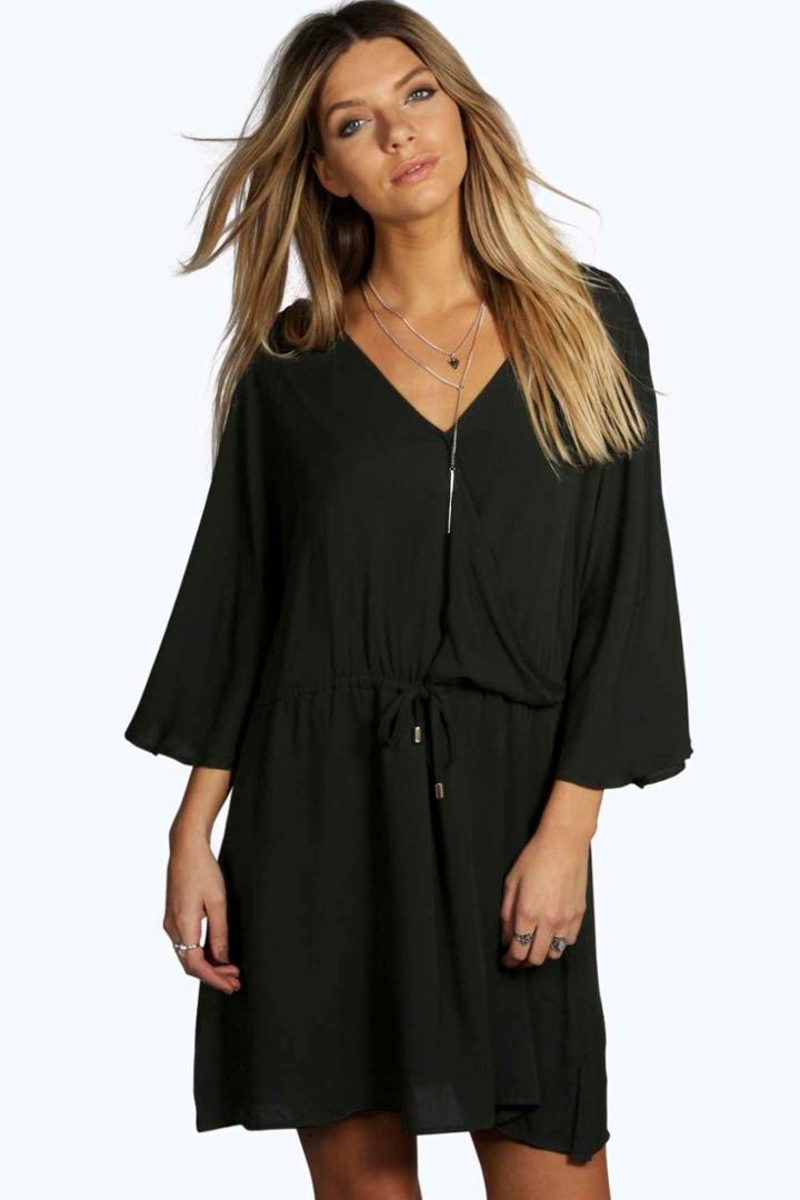 Boohoo Rita Wrap Front Bell Sleeve Skater Dress Black