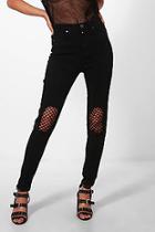 Boohoo Molly Busted Knee Fishnet Skinny Jeans