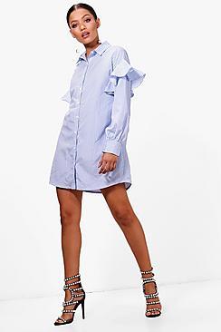 Boohoo Maddy Ruffle Shoulder Pinstripe Shirt Dress