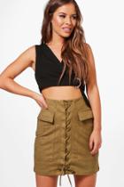 Boohoo Petite Molly Lace Up Front Utility Skirt Khaki