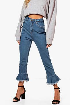 Boohoo Mid Rise Frill Hem Jeans
