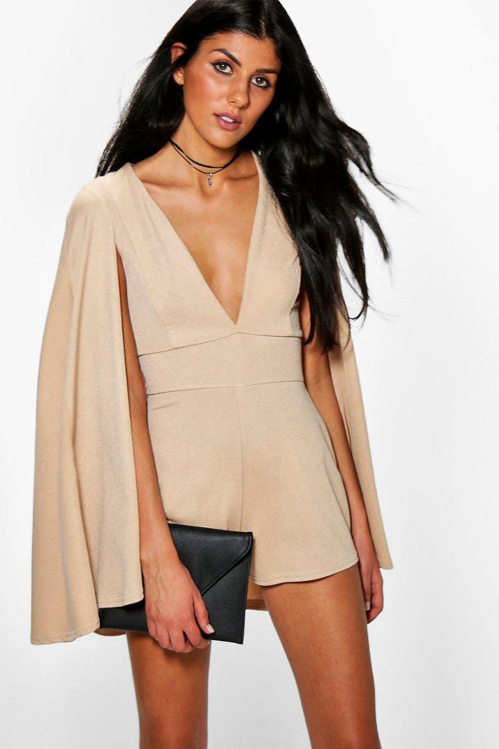 Boohoo Selena Cape Style Playsuit Stone