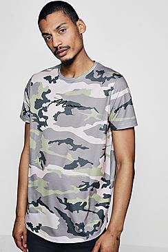 Boohoo Camo Longline Curved Hem T-shirt With Man Embroidery