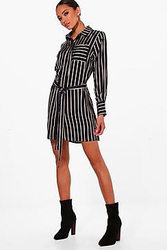 Boohoo Striped Belted Shirt Dress
