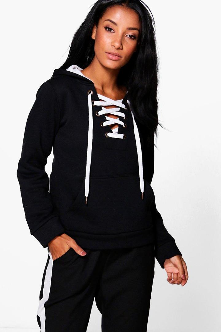 Boohoo Sue Premium Lace Up Hoody Black