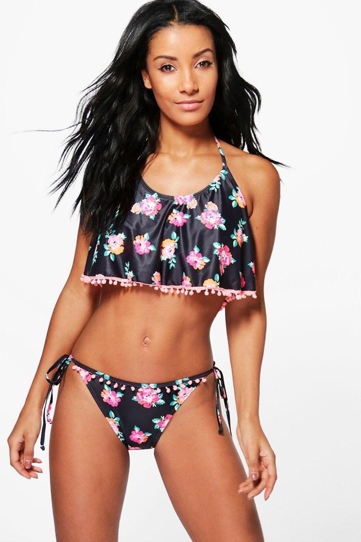 Boohoo Croatia Rose Print Pom Pom Frill Bikini Black
