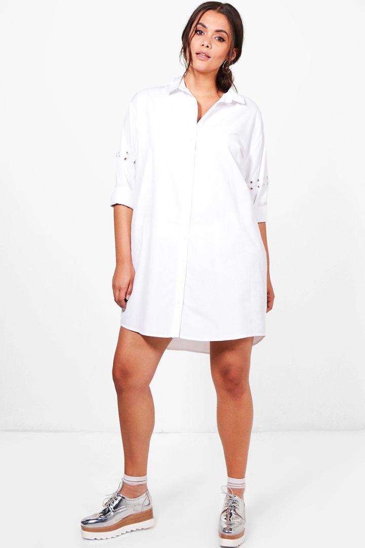Boohoo Plus Stacey Eyelet Detail Shirt Dress White