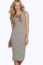 Boohoo Sandra Metallic Stripe Rib Eyelet Bodycon Dress