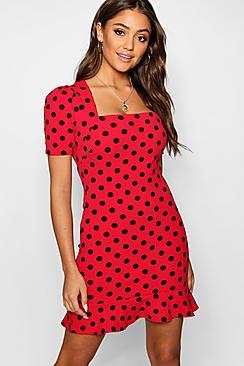 Boohoo Polka Dot Puff Sleeve Frill Hem Bodycon Dress