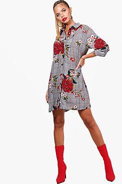 Boohoo Hazel Dog Tooth Check Woven Shirt Dress