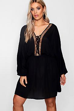 Boohoo Plus Elena Lace Up Balloon Sleeve Skater Dress