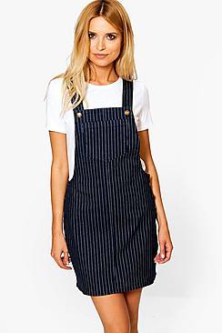 Boohoo Kirsty Stripe Denim Pinafore Dress