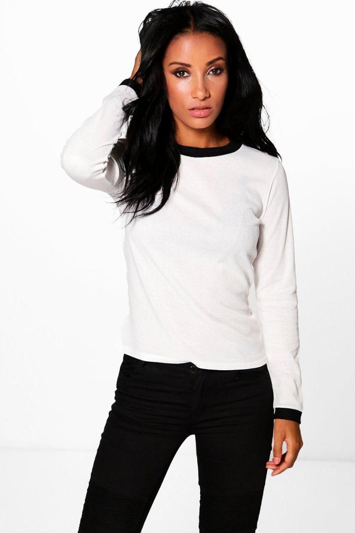Boohoo Ellie Basic Rib Long Sleeve Ringer T-shirt White