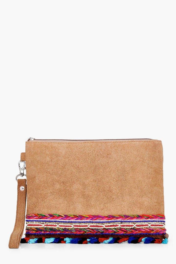 Boohoo Bella Boutique Embellished Pom Suede Clutch Tan