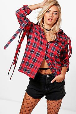 Boohoo Kylie Check Tie Cold Shoulder Shirt