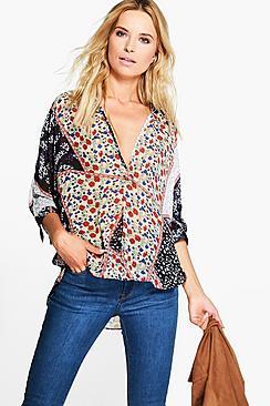 Boohoo Katie Mixed Print Wrapover Blouse
