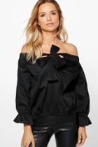 Boohoo Scarlett Bardot Bow Front Woven Top Black