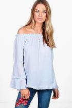Boohoo Daisy Tiered Sleeve Stripe Woven Off The Shoulder Top