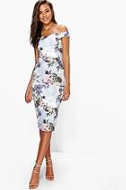 Boohoo Tall Rosie Off The Shoulder Floral Print Midi Bodycon Dress