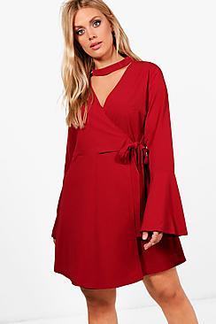 Boohoo Plus Melissa Choker Neck Wrap Skater Dress