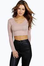 Boohoo Petite Phoebe V Neck Long Sleeve Rib Crop