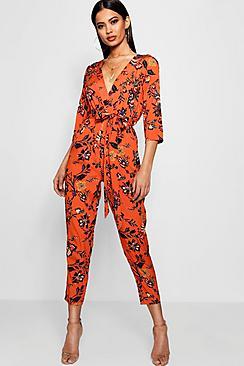 Boohoo Floral Wrap Front Jumpsuit