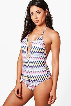 Boohoo Seychelles Neon & Gold Aztec Swimsuit