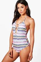 Boohoo Seychelles Neon & Gold Aztec Swimsuit