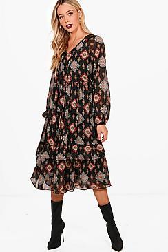 Boohoo Bree Bohemian Print Ruffle Hem Smock Dress