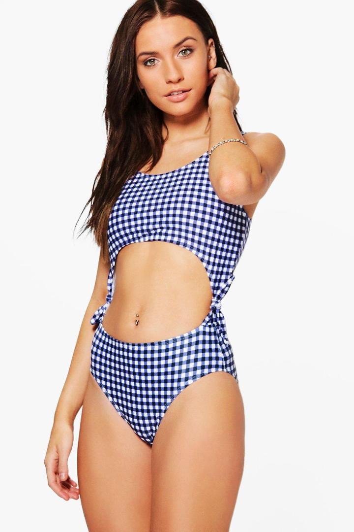 Boohoo Madrid Gingham Tie Side Bathing Suit Blue